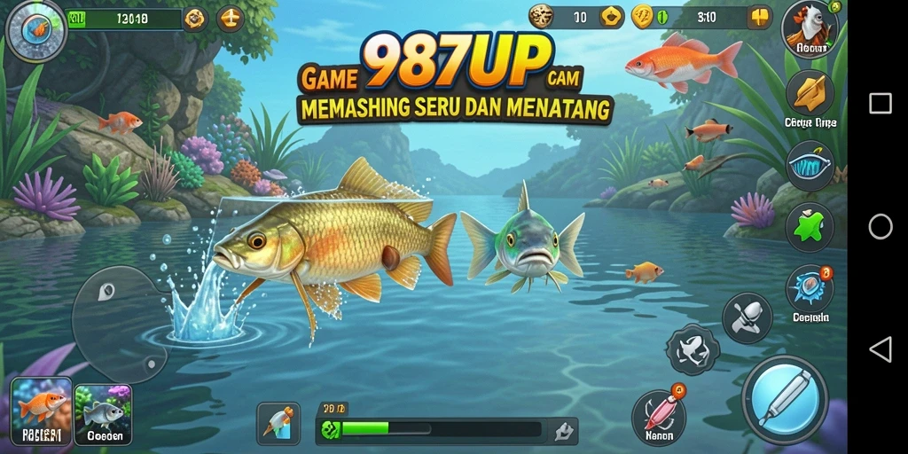 Menampilkan tampilan gameplay seru dalam 987UP saat menangkap ikan.