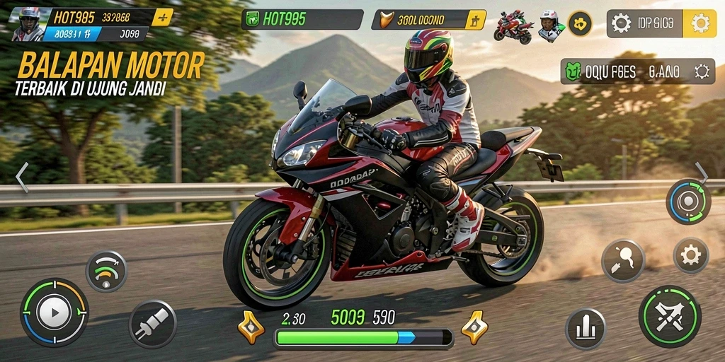 Screenshot utama HOT985 menunjukkan aksi balapan motor yang eksotis.