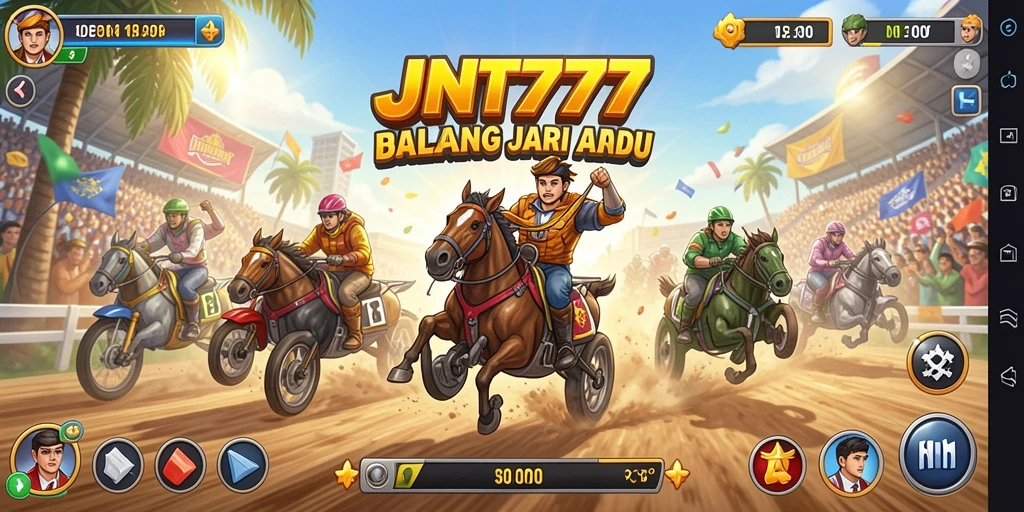 Tampilan screenshot utama JNT777 menampilkan gameplay balapan yang mendebarkan.