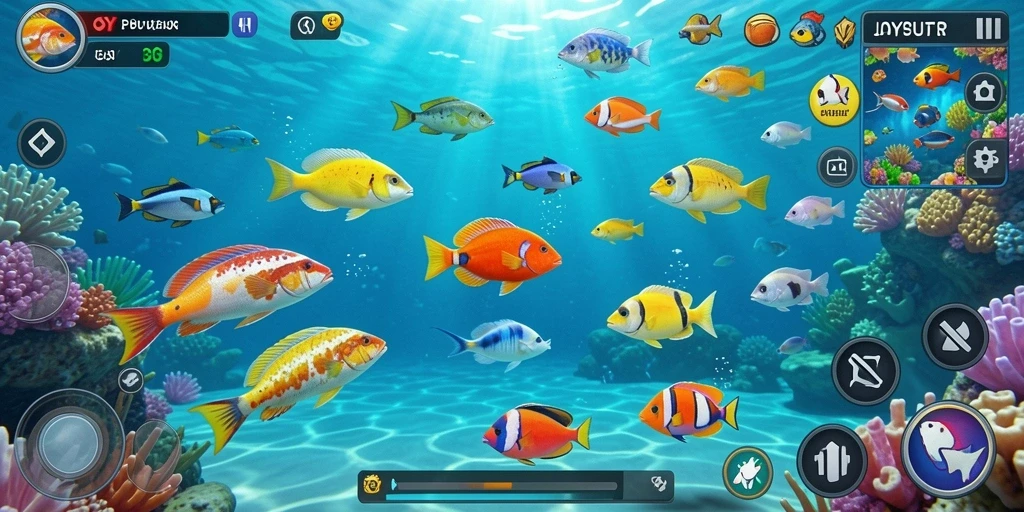 Tampilan gameplay seru di JOYPUTAR dengan berbagai ikan dan senjata.