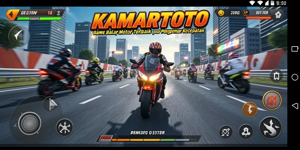 Tampilan gameplay KAMARTOTO dengan aksi balap motor yang mendebarkan.