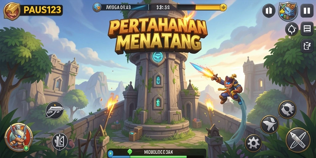 Screenshot utama PAUS123 menampilkan aksi bertahan dalam game Tower Defense.
