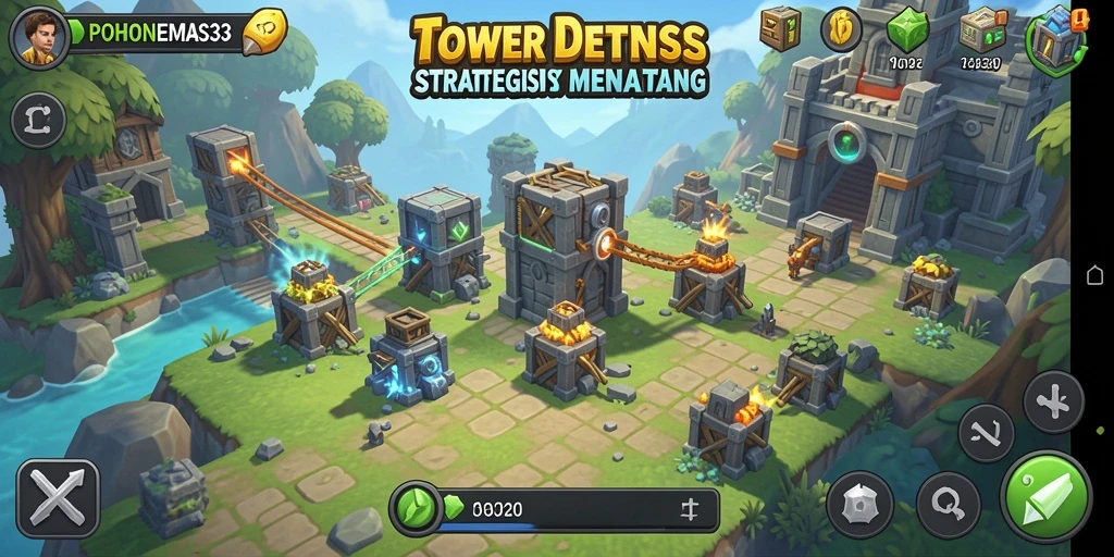 Screenshot utama POHONEMAS33 menampilkan gameplay Tower Defense yang penuh aksi.