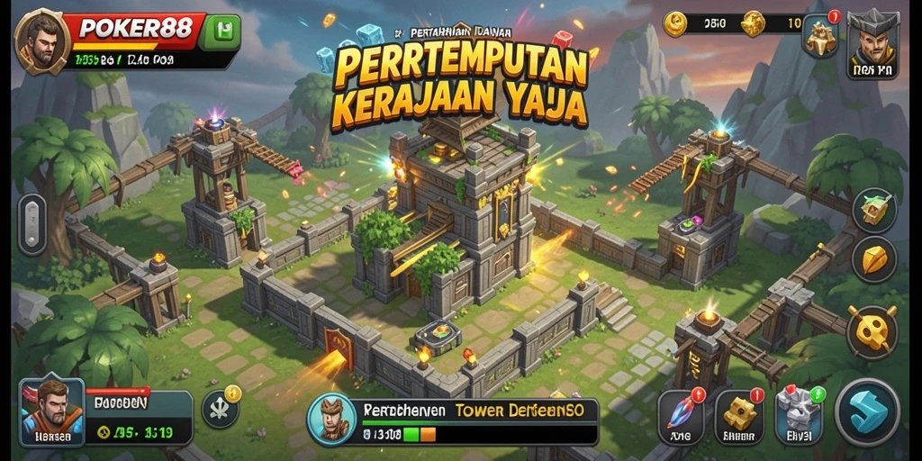 Screenshot gameplay Tower Defense POKER88 menampilkan strategi menempatkan menara.